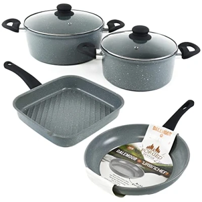 Image of 4 Piece Grey Marble Effect Forged Carbon Steel Non Stick Casserole Pots with Lids, Grill &amp; Frying Pan Cookware