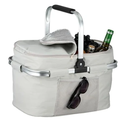 Image of Relaxdays Shopping Basket, Foldable, Carrying Handle, HxWxD: 45 x 43 30.5 cm, Insulated, Picnic Cool Bag, Light Grey, Polyester