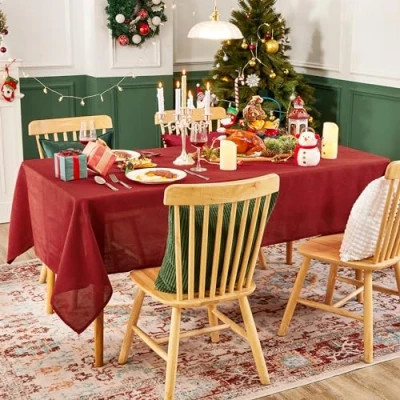 Image of Deconovo Square Faux Linen Table Cover Water Resistant Tablecloth for Christmas 59x59in(150x150cm) Red