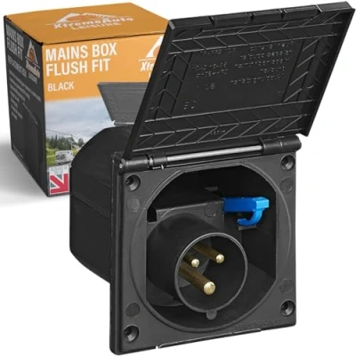 Image of Xtremeauto 240V Mains Flush Fit Socket Box Caravan 16 Amp Socket, 16amp Campervan Inlet Hookup Cable Plug, To Most Caravans &amp; Campervans External 16a Sockets (Black)