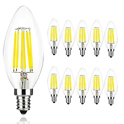 Image of LED Filament Candle Bulb E14, 6W C35 Shape, 60W Incandescent Equivalent, Cool White 6000 6500K Small Edison Screw Chandelier Light Bulb, 10 Pack