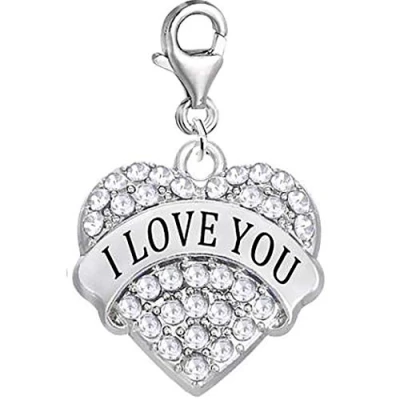 Image of JewelleryJoy I Love You Heart Rhinestone Clip On Lobster Clasp Charm in Organza Gift Bag