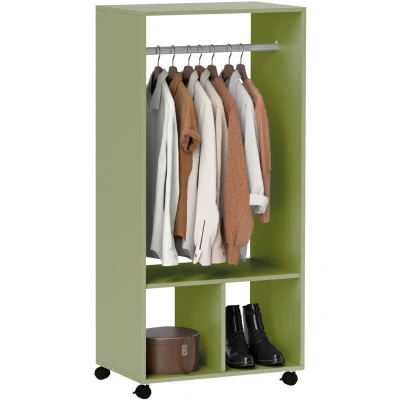 Image of HOMCOM Open Wardrobe for Bedroom, Small on Wheels with Clothes Rail, Storage Shelves, Mobile Garment Rack Storage, Cloakroom, Hallway, Green