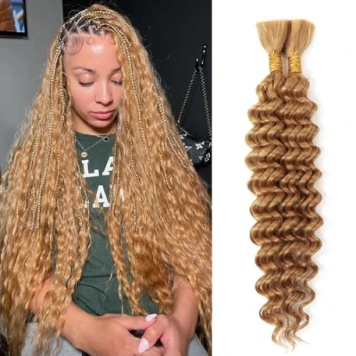 Image of Deep Wave Bulk Human Braiding Hair For Boho Braids Knotless Bohemian Brown Curly Bundles No Weft Micro Wet And Wavy (27#, 20 Inch(50g/Bundle x2))