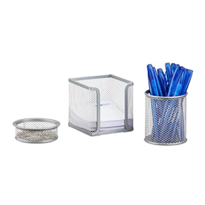Image of Relaxdays 3 Piece Metal Stationery Desk Organizer, Mesh, Note Box, Pen Holder and Paperclip Tray, Silver