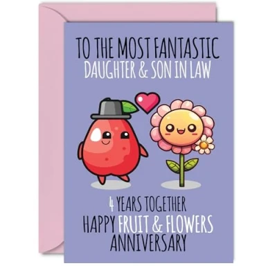 Image of Cute Linen Anniversary Card for Daughter &amp; Son In Law 4 Years Together Happy 4th Wedding Cards Daughter, A5 Greeting Fourth Anniversaries