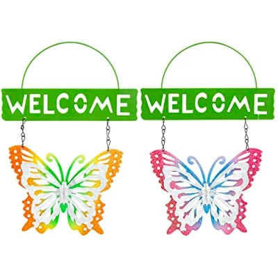 Image of 2 x Rainbow Butterfly Welcome Signs Garden Wall Hanging Metal Plaque Decoration Sign