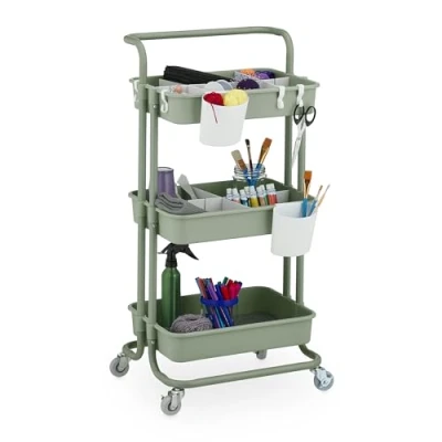 Image of Relaxdays Storage Trolley, 3 Shelves, Cart for Kitchen, Bathroom &amp; Office, Rolling Shelf, HWD: 86 x 42.5 36 cm, Green, Steel