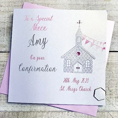 Image of WHITE COTTON CARDS NIECE PERSONALISED CONFIRMATION CARD, PINK CHURCH DESIGN, HAND FINISHED (X) P23 47 NIE