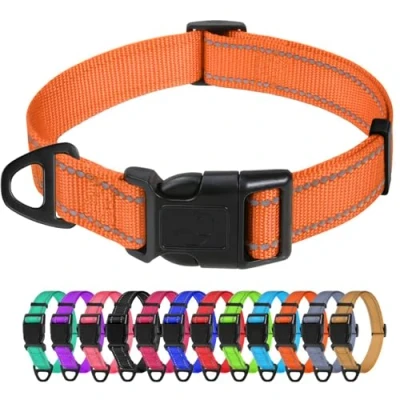 Image of TagMe Reflective Nylon Dog Collars, Adjustable Classic Collar with Quick Release Buckle for Small Dogs, Orange, 2.0 cm Width