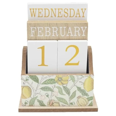 Image of Lesser &amp; Pavey William Morris Fruit Melons, Lemon and Peaches Design Wooden Adjustable Day Month Tabletop Calendar Reuse Every Year