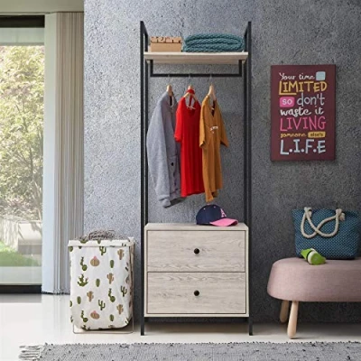 Image of Timber Art Design UK Zahra Bedroom Open Wardrobe with Hanging Rail and 2 Drawers Modern Furniture Cupboard Storage Organizer Unit For Bedroom, Living Room, Ash Oak, H180cm x W63.8cm D40cm