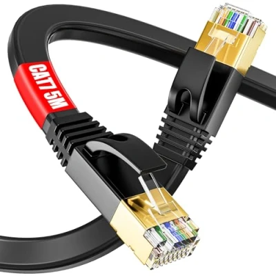 Image of Cat 7 Ethernet Cable 5m Long Flat Internet High Speed Shielded Outdoor Indoor, SSTP 10Gbps (5 Clips) Faster than 6/Cat 5, Lan for Xbox/Switch/Router/Game/Smart TV/Modem