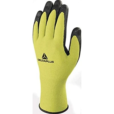 Image of Delta Plus VV734JA10 Polyamide/Spandex Fine Knitted Gloves, Nitrile Foam/TPU Coating on Palm, Neon Yellow/Black, size :10