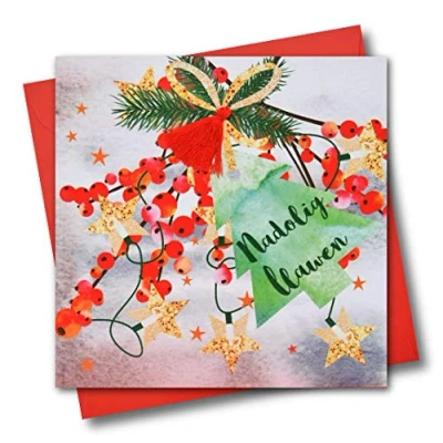 Image of Welsh Christmas Card, Nadolig Llawen, Berries and Bow, Tassel Embellished