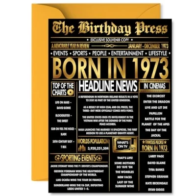 Image of Gold 52nd Birthday Card for Men Women Black &amp; Golden Newspaper Born in 1973 Happy 52 Cards Dad Wife Nanny Grandad Husband Brother, A5 Bday Greeting