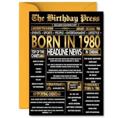 Image of Gold 45th Birthday Card for Men Women Black &amp; Golden Newspaper Born in 1980 Happy 45 Cards Son Neighbour Cousin Daughter Wife Dad, 5x7 Inch Bday Greeting