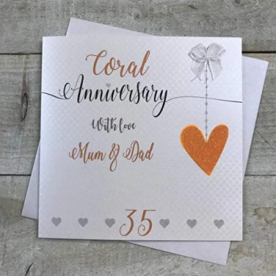 Image of Mum &amp; Dad 35th Coral Wedding Anniversary Handmade Card Love Lines by WHITE COTTON CARDS LLA35MD,whitegreyred,16cm x 16cm
