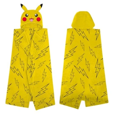 Image of Character World Official Pokemon Hooded Fleece Throw Blanket Super Soft Warm Yellow Throw, 3D Pikachu Head Design Perfect For Home, Bedroom, Sleepovers &amp; Camping Size 100 x 120cm