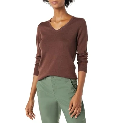 Image of Amazon Essentials Women&#039;s Classic Fit Lightweight Long Sleeve V Neck Jumper (Available in Plus Size), Dark Chestnut Brown Heather, XL