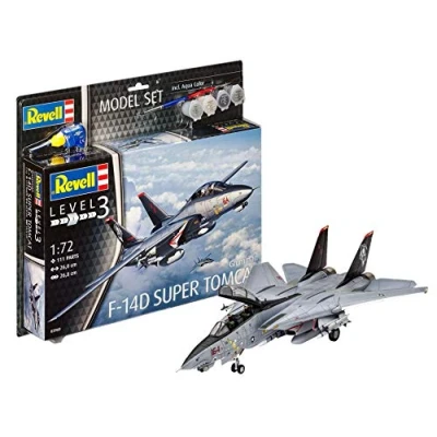 Image of Revell Model Set 63960 F 14D Super Tomcat 1:72 Scale Unbuilt/Unpainted Plastic Kit with Contacta Professional Glue, Paintbrush &amp; Selected Aqua Color Paints
