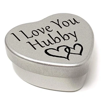 Image of Perfect Way to say I Love You. Beautiful Mini Silver Heart Tin with Sweets, Present Size 45mm x x20mm. (I You Hubby)