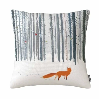 Image of GSRONY Fox Throw Pillow Covers Winter Forest Landscape Bird Cushion Case Home Decor Pillowcase 18x18 Inches