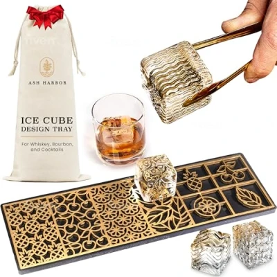 Image of Ice Designer Tray Craft Modern Molds for Whiskey, Bourbon, &amp; Cocktails in 5 Seconds Whiskey Mold Cube Stamp Bartender Accessories Clear by Ash Harbor (Botanicals)