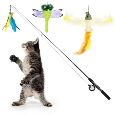 Image of Pawaboo Cat feather Toys, 4 Pack Interactive Teaser Wand Retractable Fishing Pole Catcher Exerciser with Refill Fish, Dragonfly Worm Bells, Fun Kitten Kitty Toy, Colorful