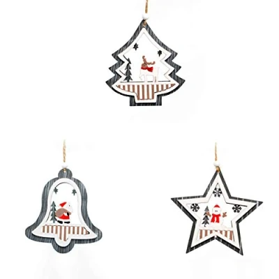 Image of SHATCHI Christmas Tree Ornaments Grey Wooden Aesthetic Hanging Decorations set of 3 pcs Xmas DIY Holiday Home Décor 1 Star, Bell, Shape pieces(12cm)