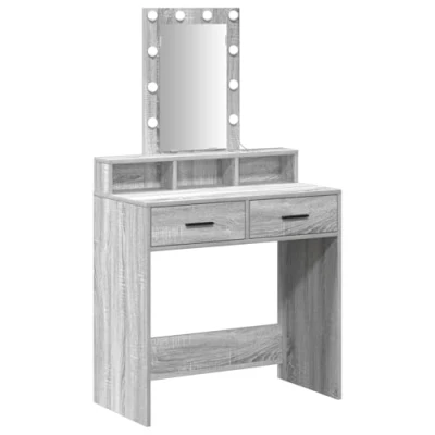 Image of vidaXL Grey sonoma mirror vanity unit with LED lights engineered wood rectangular dresser for bedroom 79 x 41 140 cm