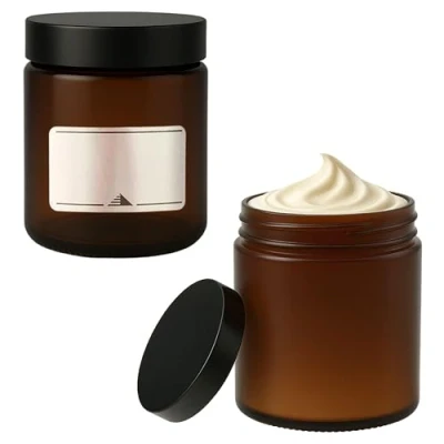 Image of 2 glass jars 180 ml brown ointment cream including Labels.