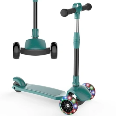 Image of Kids Scooter, 3 Wheel Scooter Folding Kick for Toddlers with LED Flashing Wheels 4 Height Adjustable Lean to Steer Non slip Deck Lightweight Children&#039;s Boys Girls Ages 7, Green