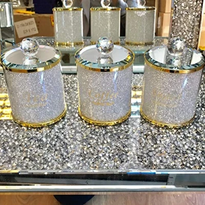 Image of TOV® Diamond Crushed Tea Coffee Sugar CANISTERS Jars Storage Gold Trimmings Crystal Filled