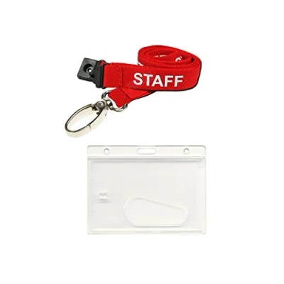 Image of ID Card It Holder Enclosed &amp; Staff Neck Strap Lanyard (Red Metal Clip)