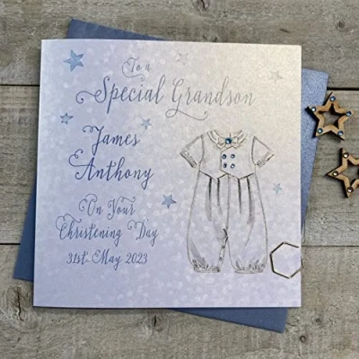 Image of WHITE COTTON CARDS PERSONALISED CHRISTENING BAPTISM CARD. GRANDSON. ANY RELATION. BOY BLUE SUIT DESIGN. Handmade (P22 100 GS &amp; XP22 GS)