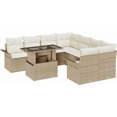 Image of vidaXL 9 Piece Garden Sofa Set with Cushions Beige Poly Rattan