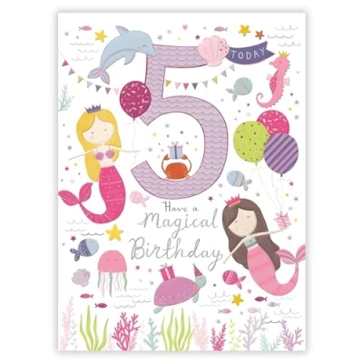 Image of Girls 5th Birthday Card Age 5 Mermaid and Sea Animals Have a Magical Artistic Design Special Finishes Made in the UK Eco Friendly