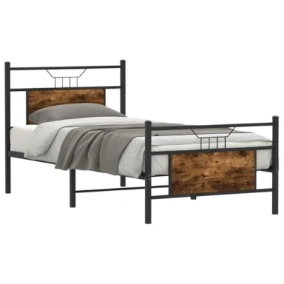 Image of vidaXL Engineered Wood Bed Frame Smoked Oak Single/Twin Metal Slatted Base 207x85.5x91.5 cm Bedroom Furniture