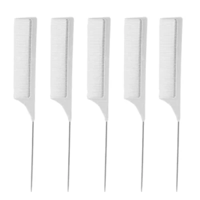 Image of Simply Hair 5 Pc Tail Comb. Hairdressing Comb Fine Tooth Metal End Rat Parting For Use As Styling Highlighting Pin Tail. Per Set. (White)