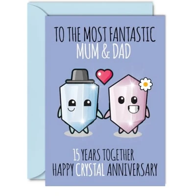 Image of Cute Crystal Anniversary Card for Mum &amp; Dad 15 Years Together Happy 15th Wedding Cards Mum, A5 Greeting Fifteenth Anniversaries