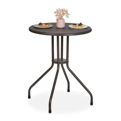 Image of Relaxdays Garden Table, HWD: 73 x 60 cm, Rattan Look, Plastic &amp; Steel, Outdoor Dining, Round, for Balcony, Brown