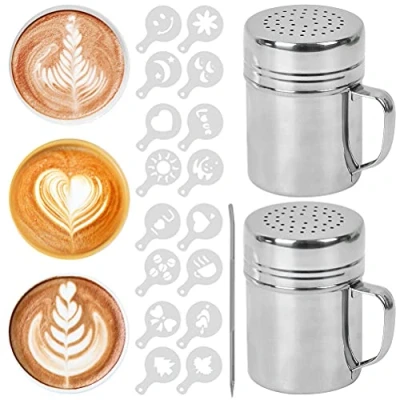 Image of 2 Pcs Stainless Steel Chocolate Shaker Powder Shakers Duster Icing Sugar with Handle &amp; Lid Coffee Cocoa Dredges 16 Stencils 1 Art Pull Pin for Drink Baking