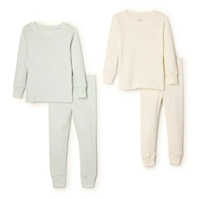 Image of Amazon Essentials x Sofia Grainge Unisex Babies&#039; Snug Fit Cotton Pyjamas, Pack of 2, Ivory/Pale Green, 24 Months