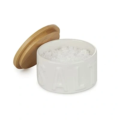 Image of Balvi Flake Salt cellar White colour With bamboo cap Ceramic/Bamboo
