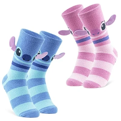 Image of Disney Stitch Womens Slipper Socks, Fleece Bed Socks Anti Slip Pack of 2 Gifts (Pink/Blue Stripes)