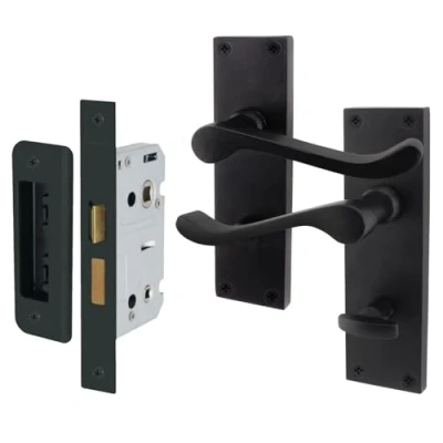 Image of EAI Black Victorian Scroll Bathroom Door Handle Set 1 Pair of Matt Internal Lever Handles on Backplate with Lock (64mm)