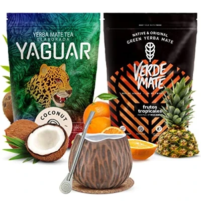 Image of Yerba mate set with calabash tropical flavours Yaguar Coconut Verde Green Frutos Tropicales Ceramic for tea Natural caffeine 2x500g