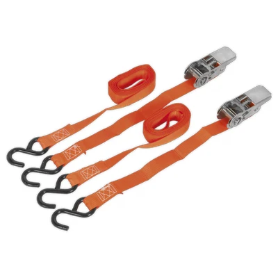 Image of Sealey Ratchet Tie Down 25mm x 4m Polyester Webbing with S Hooks 500kg Breaking Strength Pair