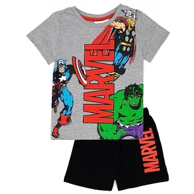 Image of Marvel Boys Pyjama Set Kids Superhero T Shirt Shorts Pjs Bundle Thor Iron Man Hulk Captain America Grey and Black Nightwear for Children Loungewear Pajama Costume Gift Superheroes